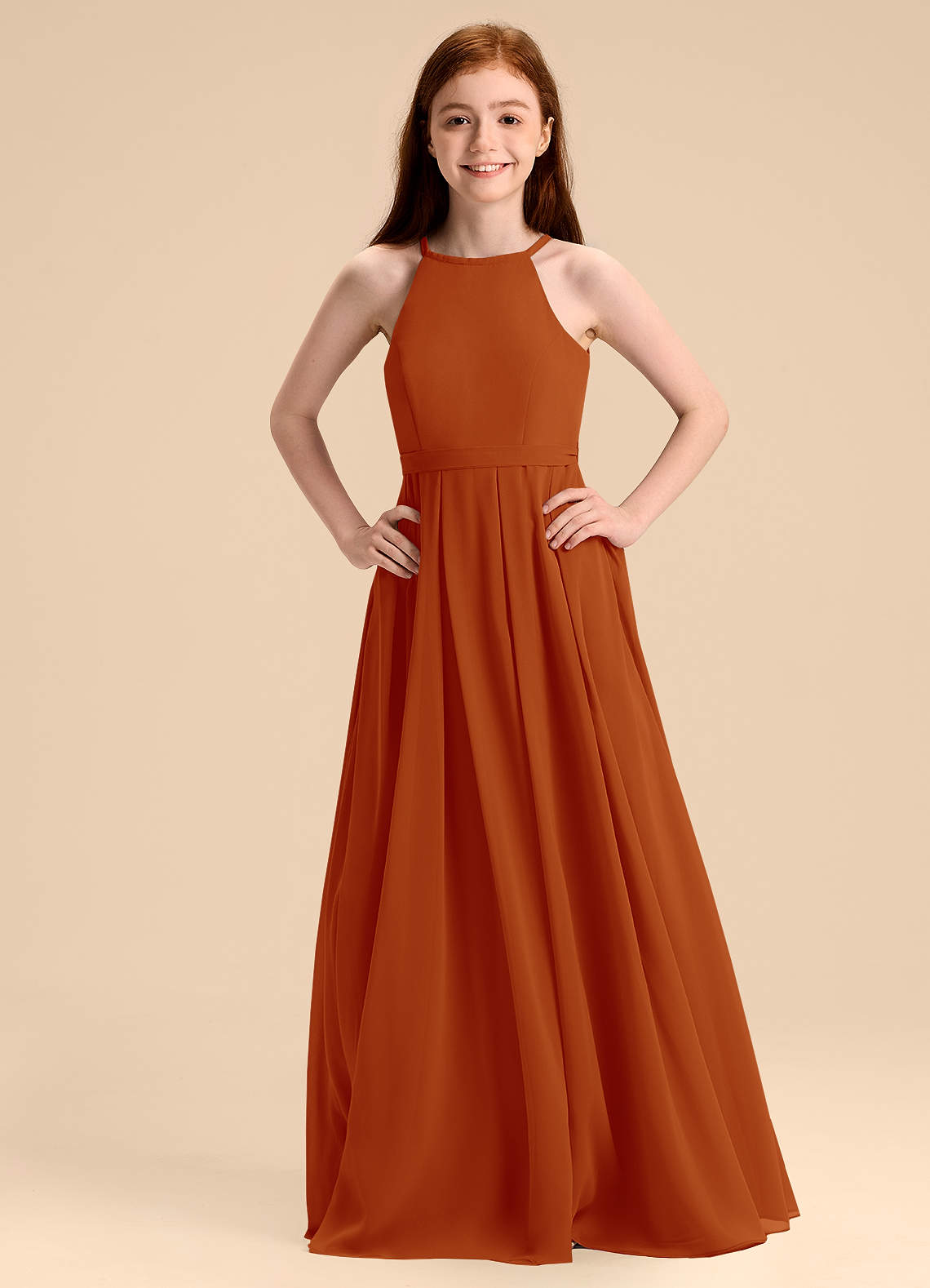 Azazie Arianthe Junior Abito A-Line in Chiffon Plissettato Paprika image1
