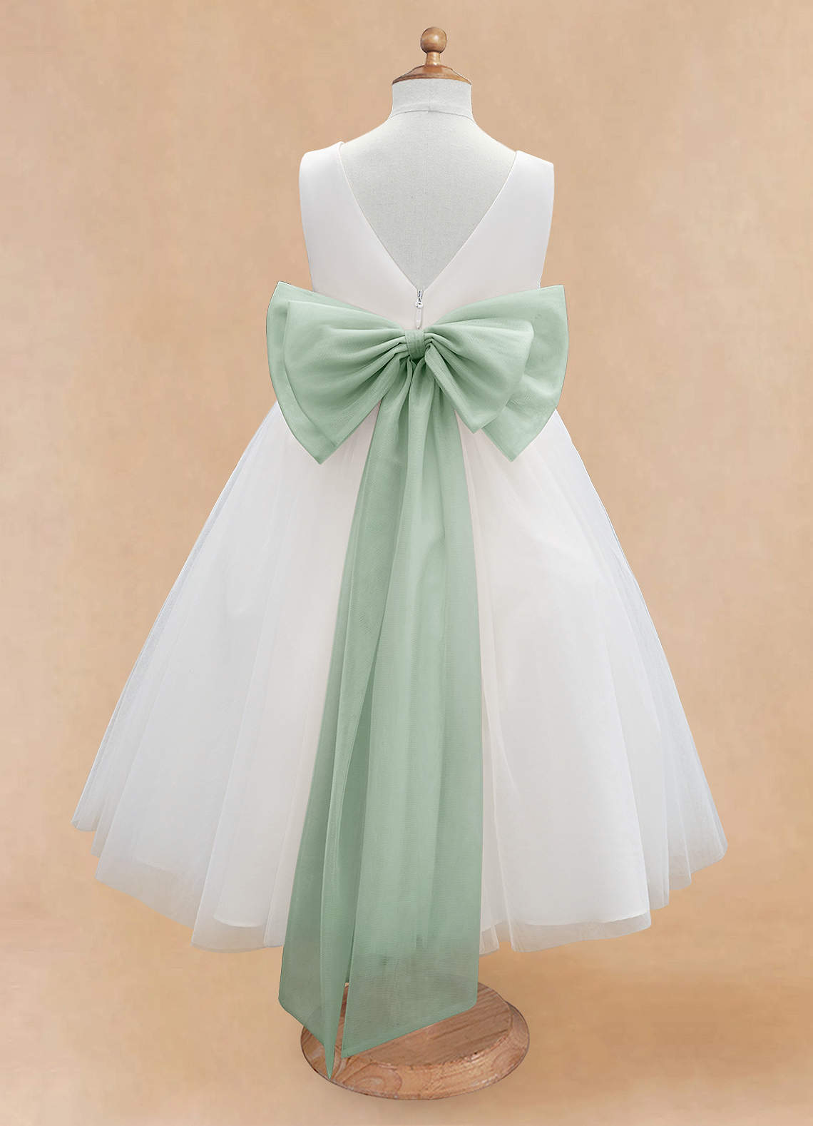 Azazie Kavi Flower Girl Dresses Ivory Agave A-Line Bow Matte Satin Dress image7