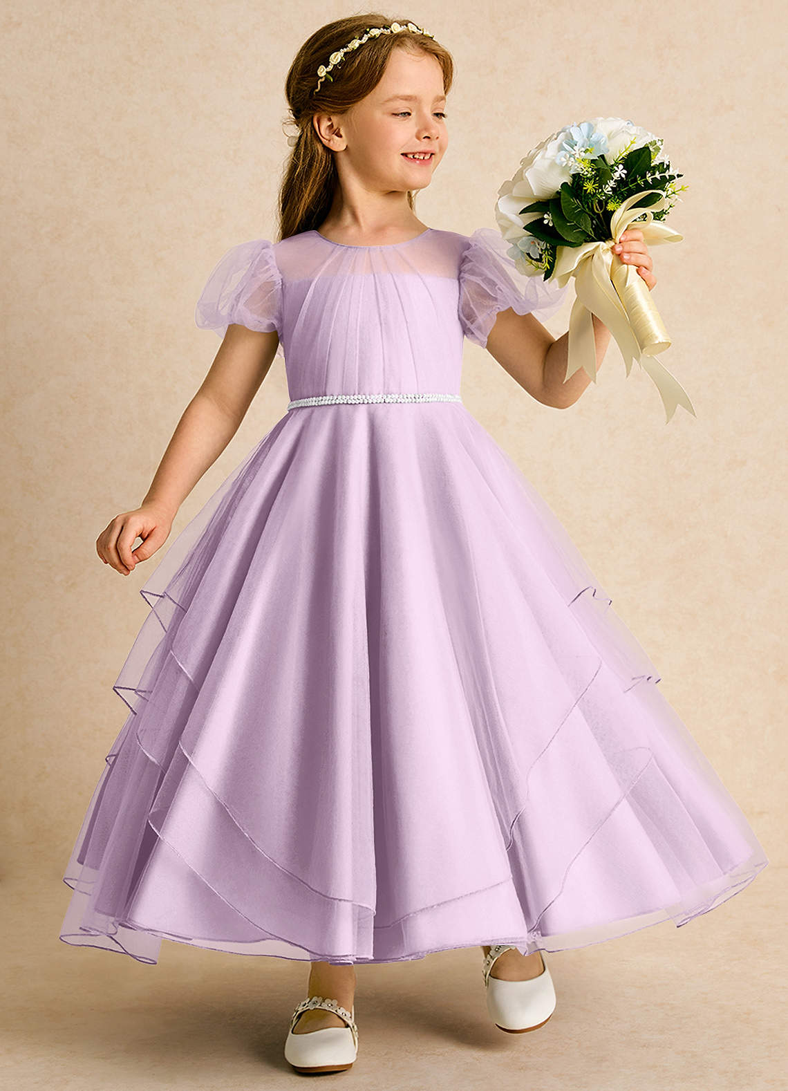 Azazie Duckie vestidos de niña de las flores Vestido de Lila Esmerilada de Tul de Princesa con Plisado image1