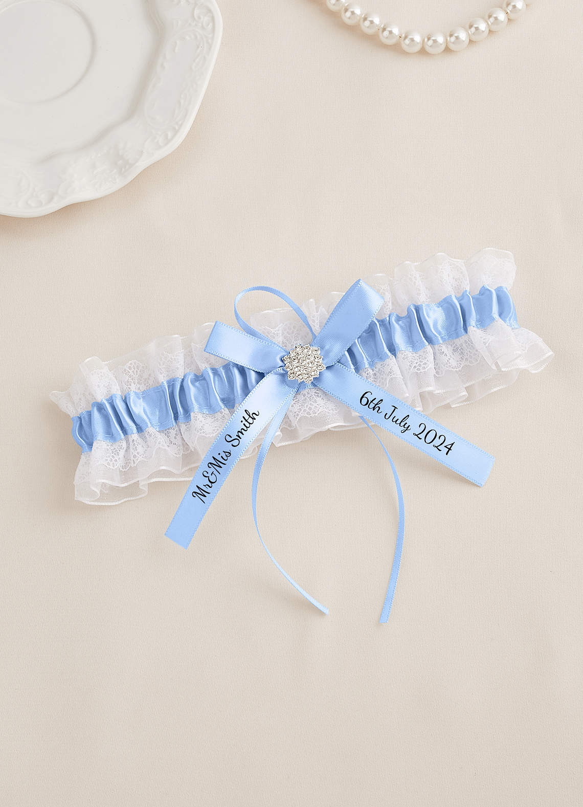 front Personalized Lace Blue Wedding Garter