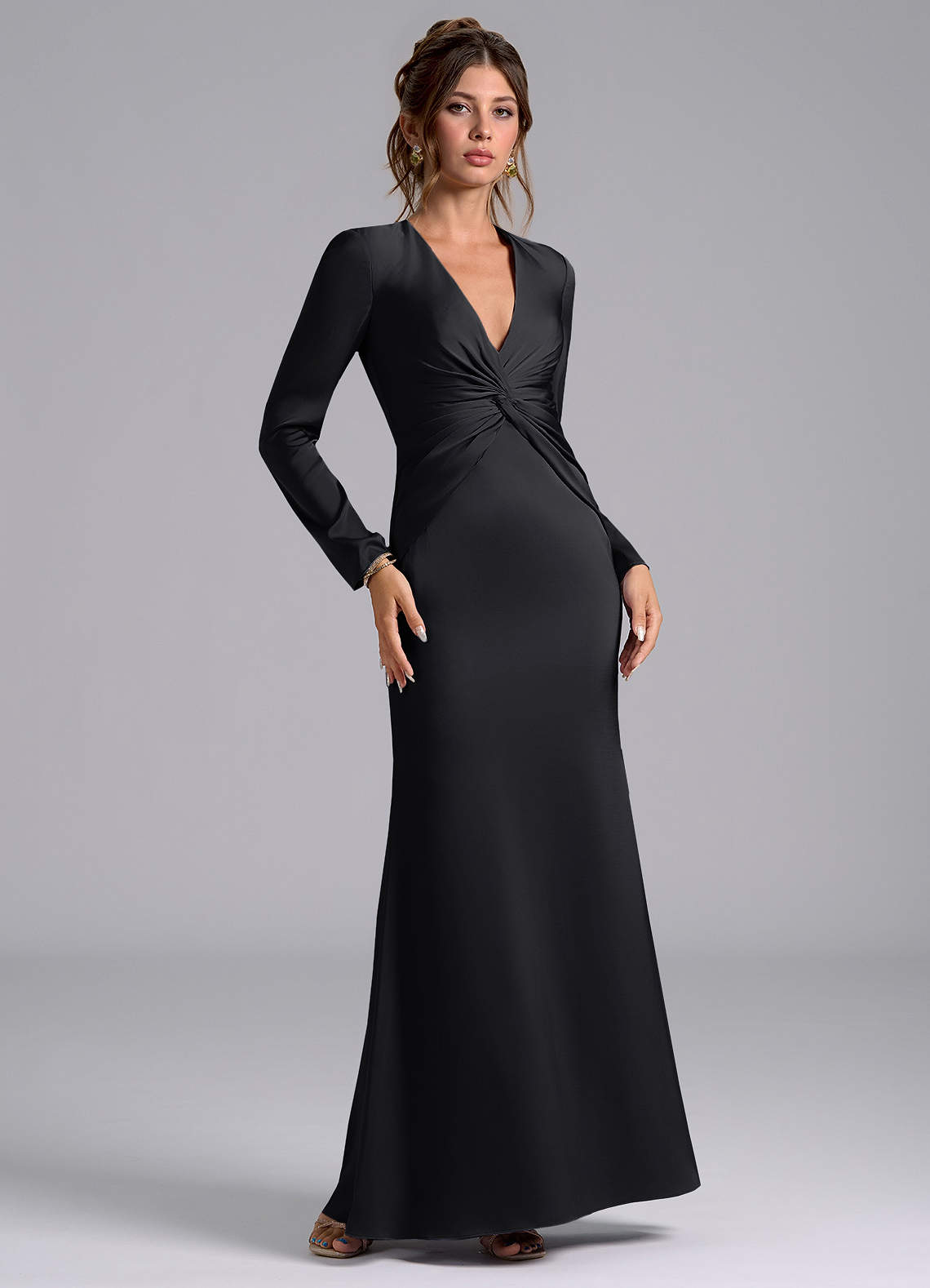 Azazie Valerie Bridesmaid Dresses Black Mermaid Long Sleeve Stretch Satin Dress image1