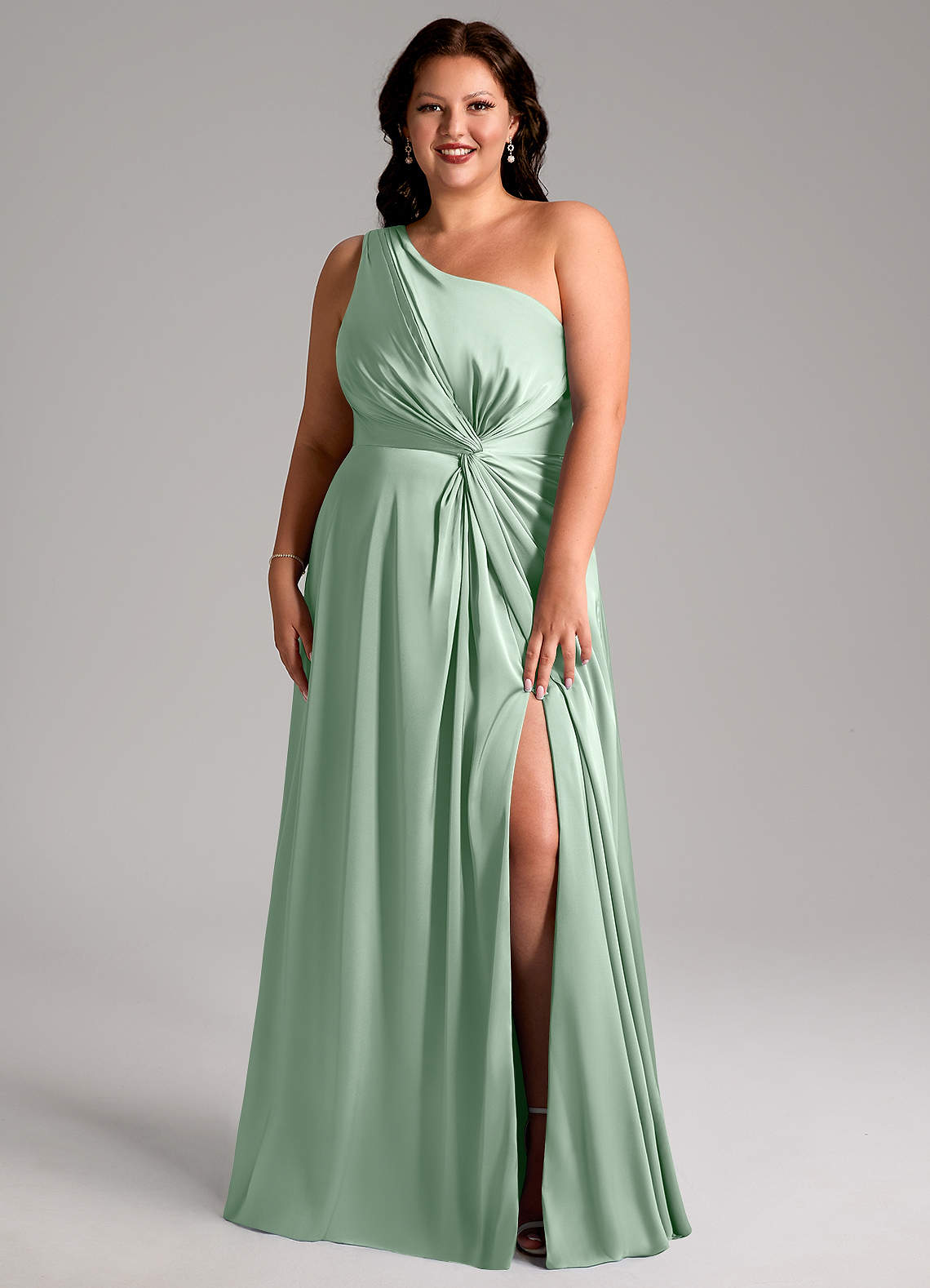 Azazie Brooke Vestidos de madrinha de casamento Vestir Agave de Cetim elástico de Linha A com Um ombro image7