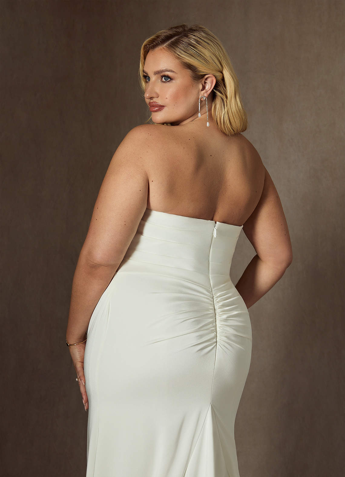 Azazie Elyse At-home Try On Dresses Diamond White Mermaid Strapless Crepe Back Satin Dress image14