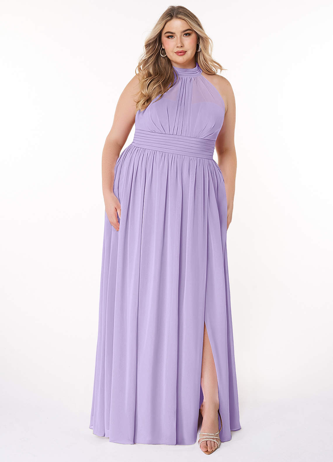 Azazie Iman Robes de demoiselle d'honneur Robe Trapèze en Mousseline de soie Ligne A froncée Lilas image1