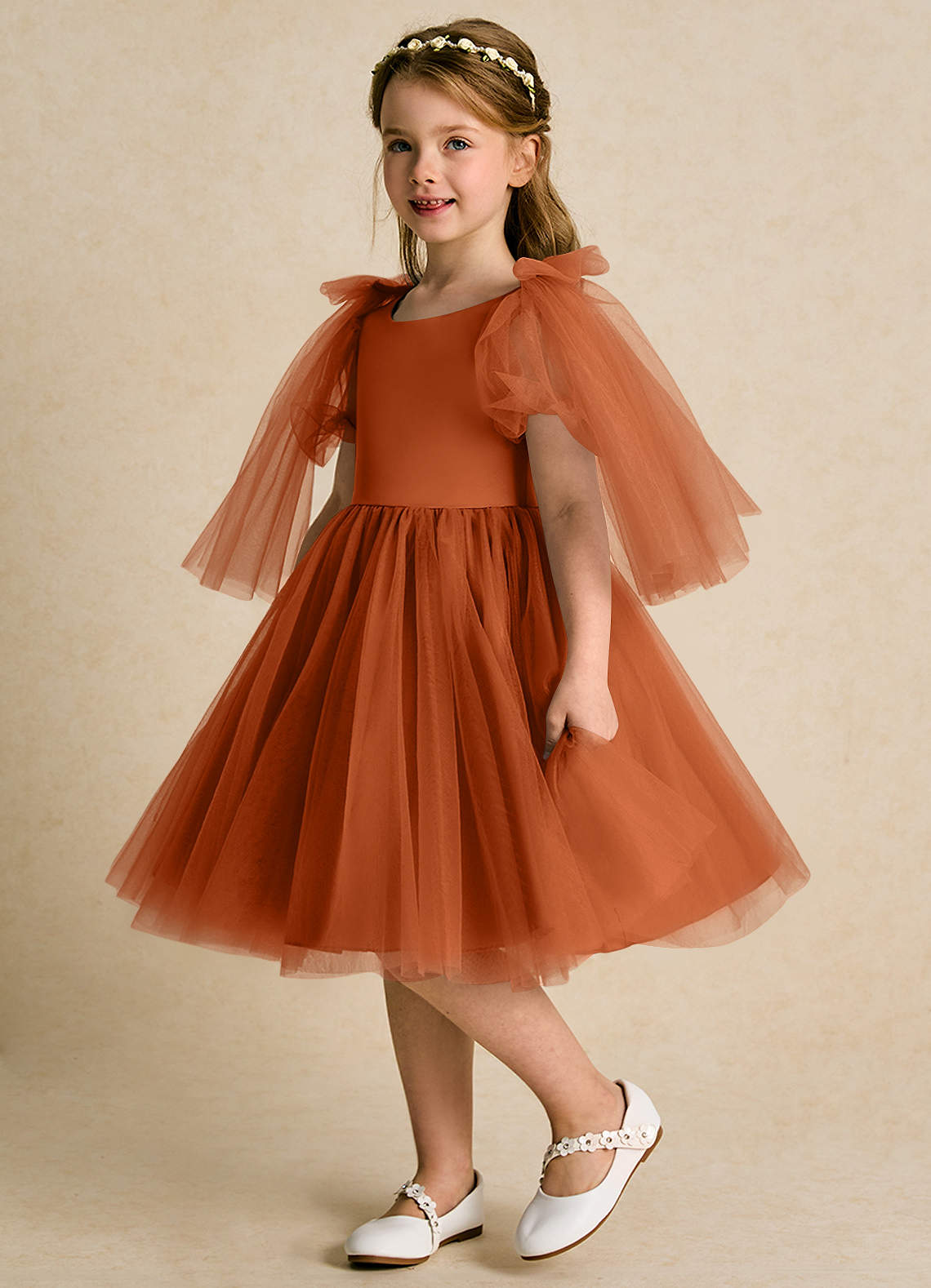 Azazie Duchess Robe Demoiselle D'honneur Fillette Robe Trapèze en Tulle avec manches Orange Brûlée image1