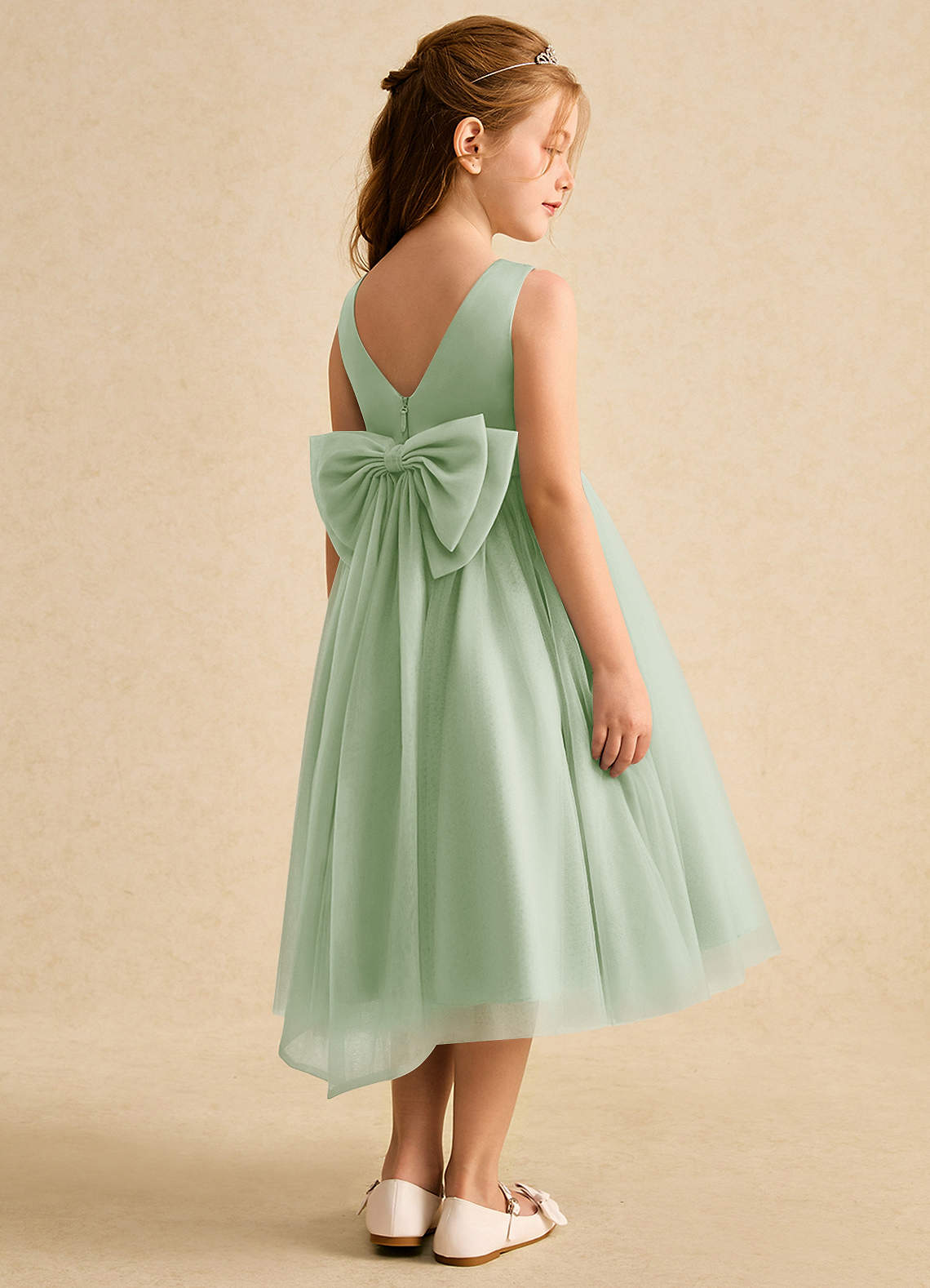 Azazie Winnie Flower Girl Dresses Dusty Sage Ball-Gown Bow Tulle Dress image2