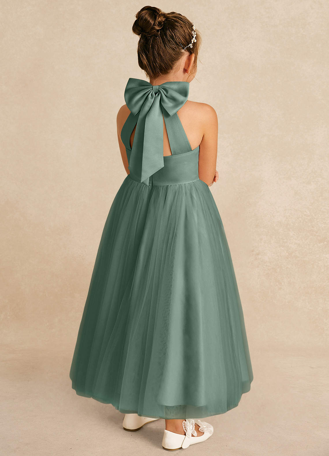 Azazie Bev Flower Girl Dresses Eucalyptus A-Line Convertible Tulle Dress image5