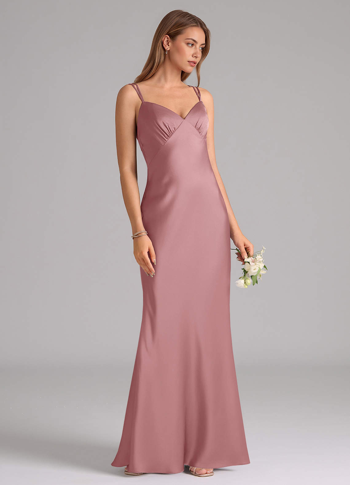 Azazie Suttona Vestidos de damas de honor Vestido de Rosa Polvorienta de Satén Elástico de Corte en A con Plisado image1