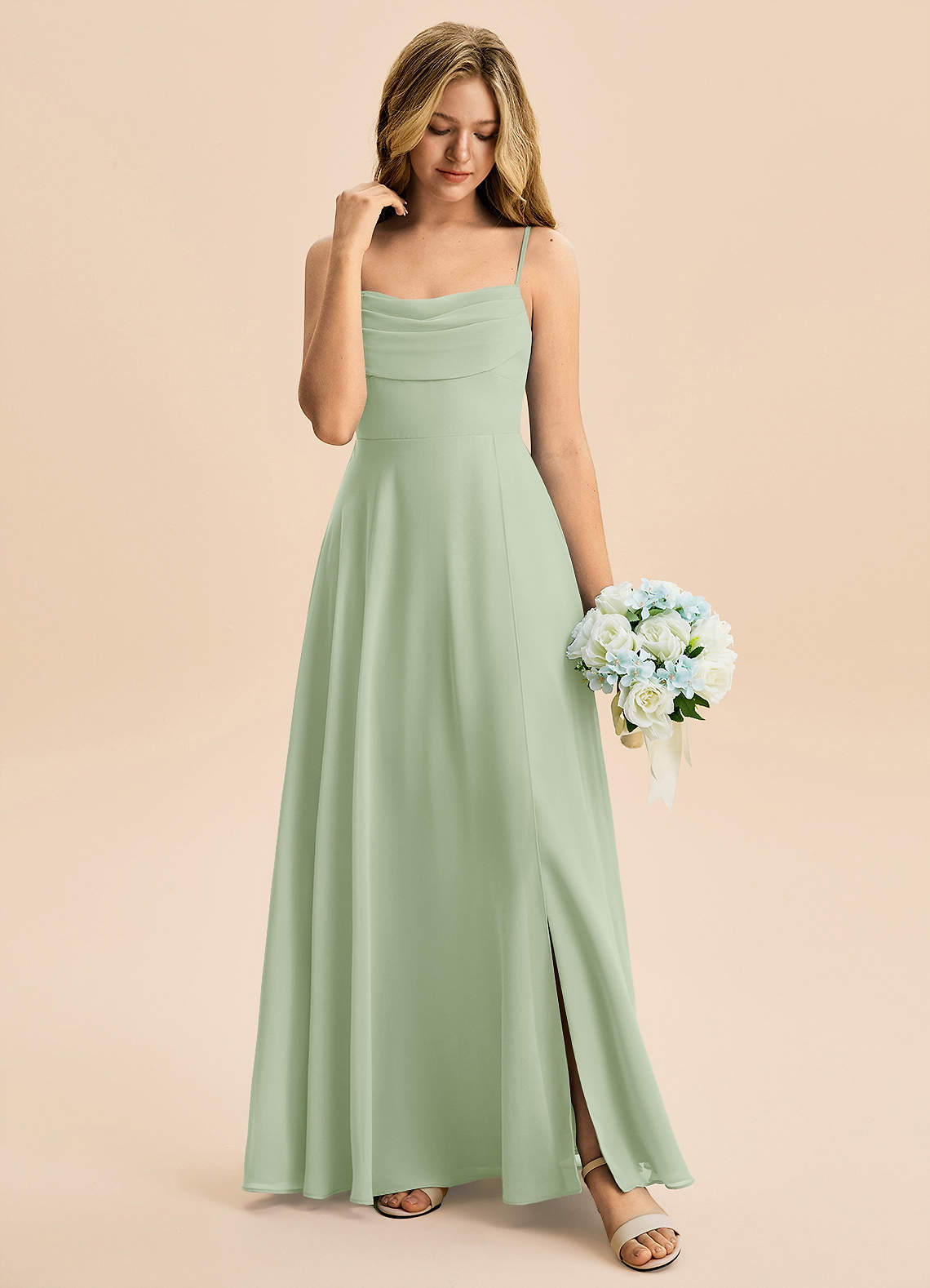 Azazie Bear Junior Dusty Sage A-Line Pleated Chiffon Dress image2