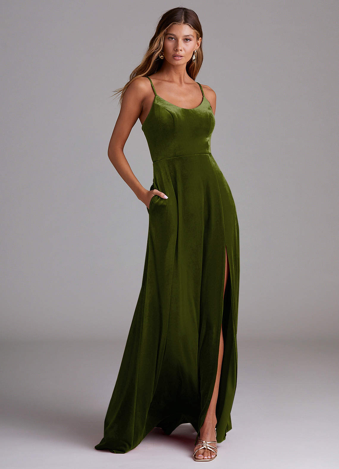 Azazie Moira Bridesmaid Dresses Olive A-Line with Pockets Velvet Dress image1