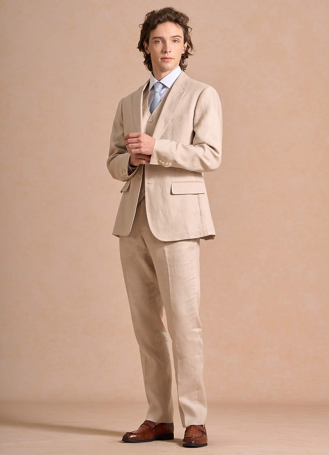 front Harrison Tan 100% Linen 3-Piece Suit