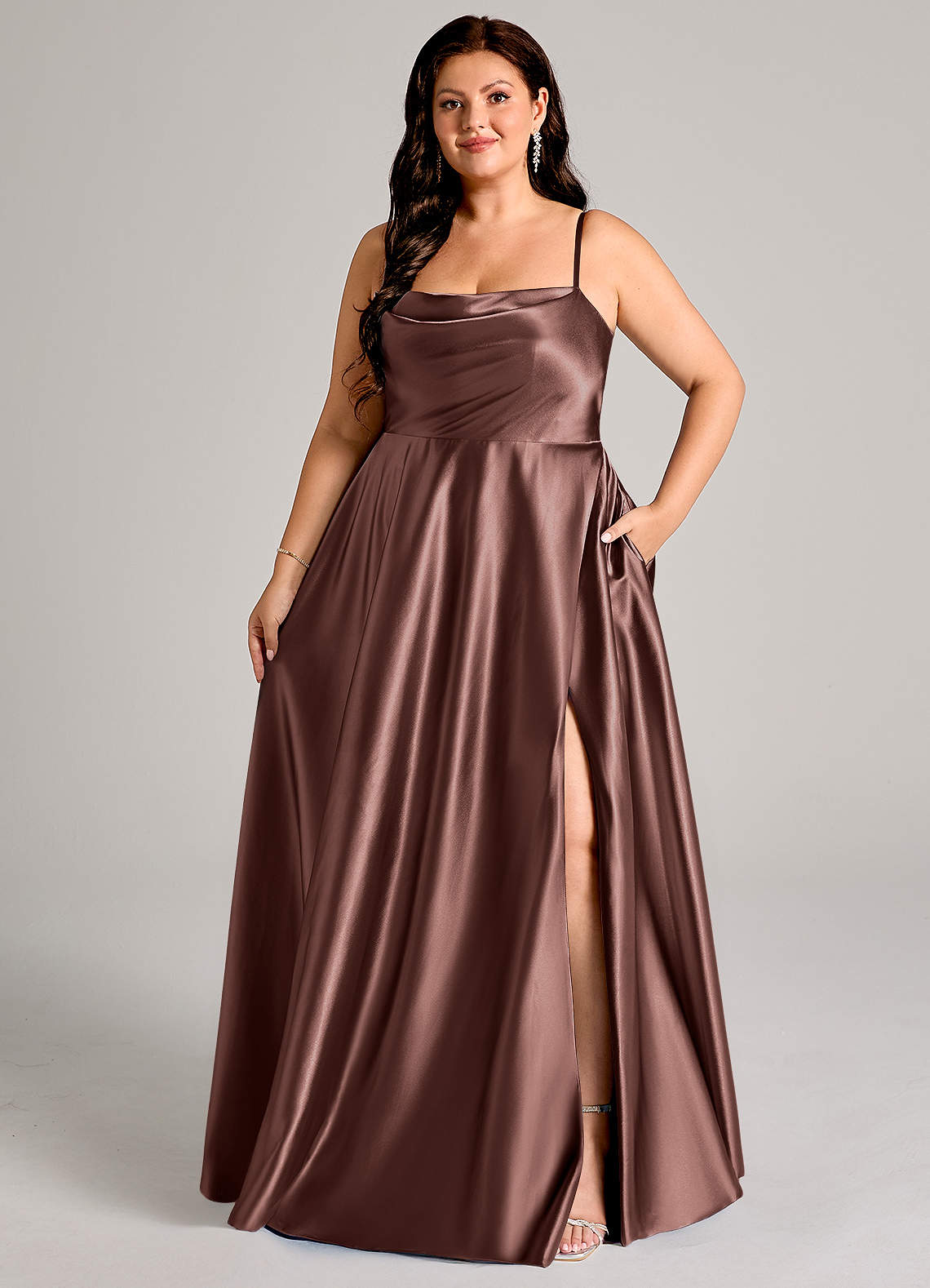 Azazie Elle Bridesmaid Dresses Espresso A-Line with Pockets Metallic Satin Dress image1