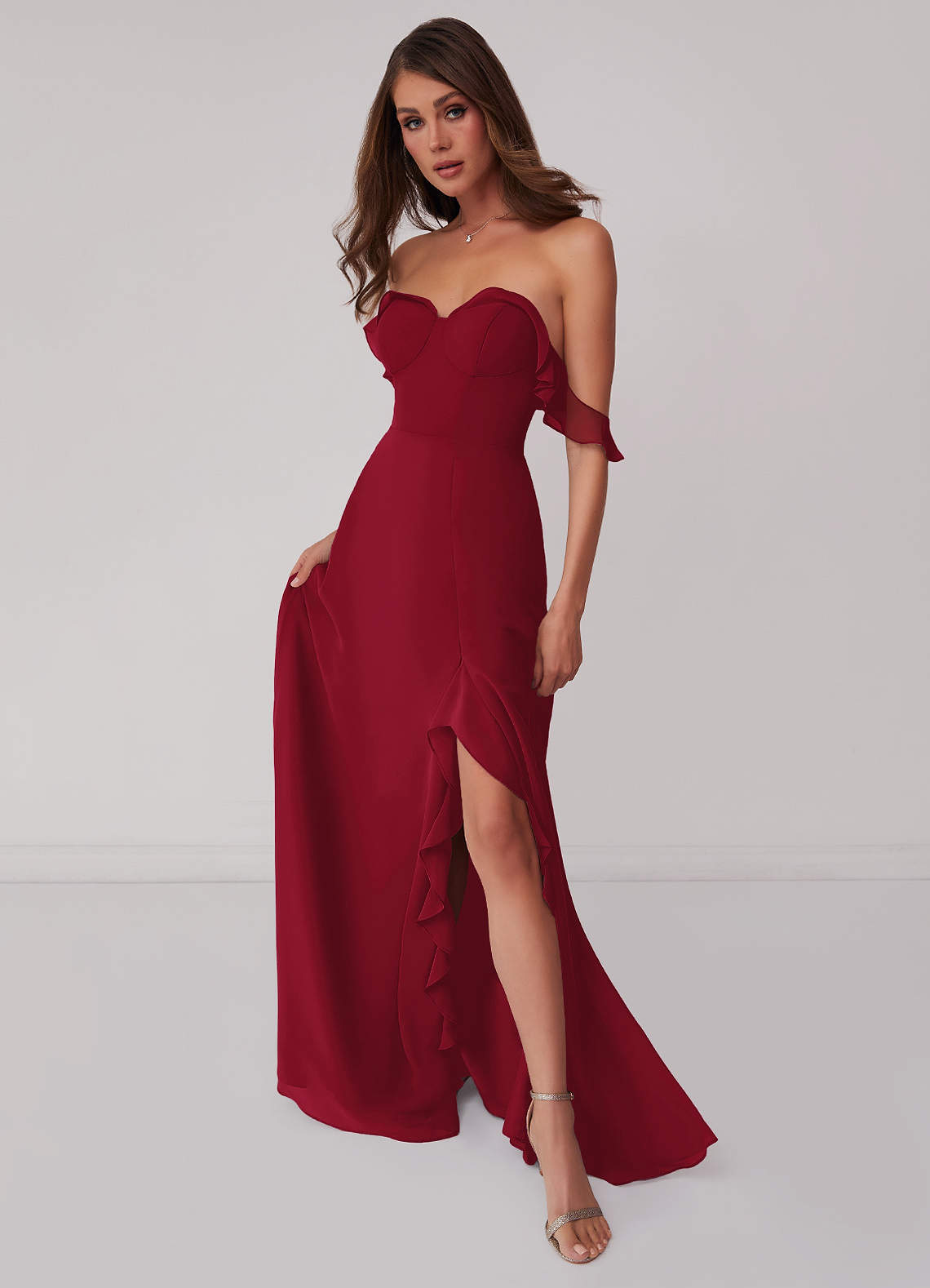 Barbie ♥ Azazie Bridesmaid Dresses Burgundy A-Line Off the Shoulder Chiffon Convertible Dress image1