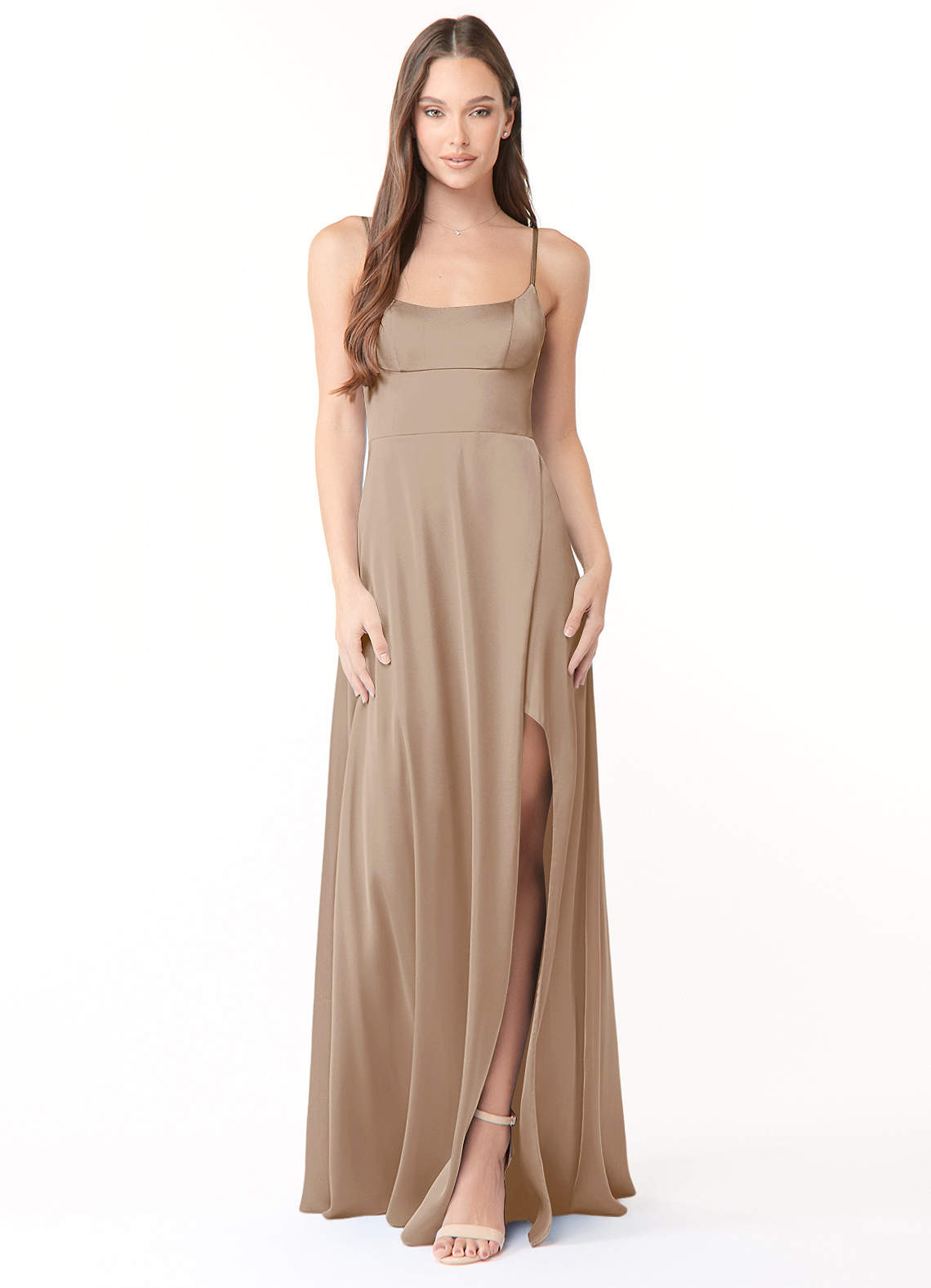 Azazie Halsey Bridesmaid Dresses Taupe Sheath Side Slit Stretch Satin Dress image1