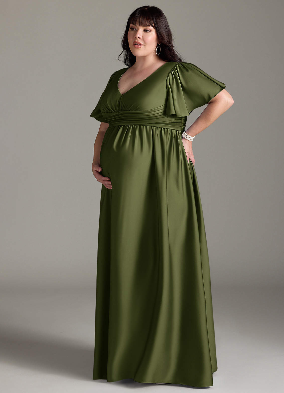 Azazie Verna vestidos de dama de honor de maternidad Vestido de Corte en A Volante Hasta el suelo Satén Elástico image13