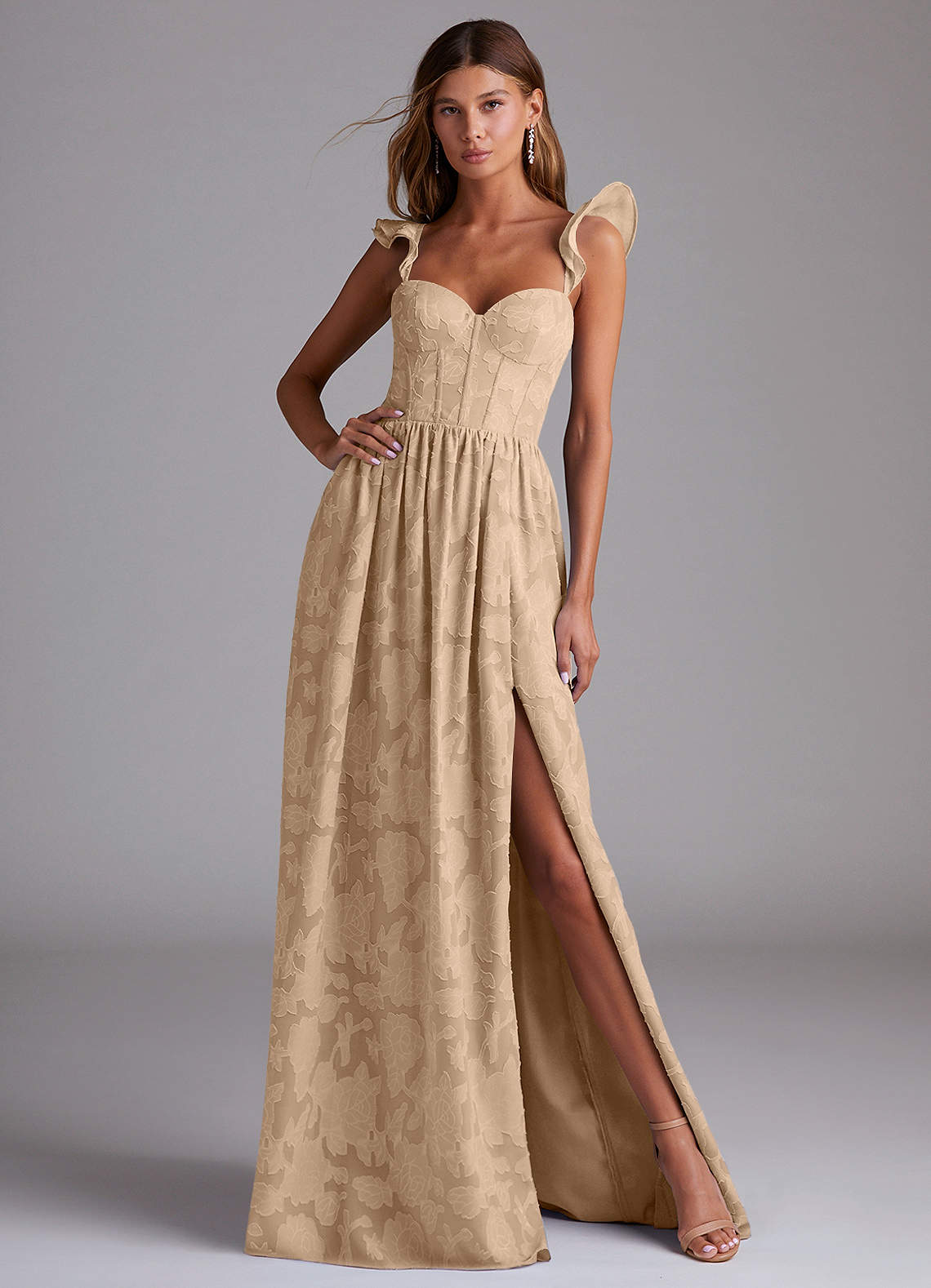 Azazie Denisse Bridesmaid Dresses Champagne A-Line Ruched Floral Burnout Dress image1