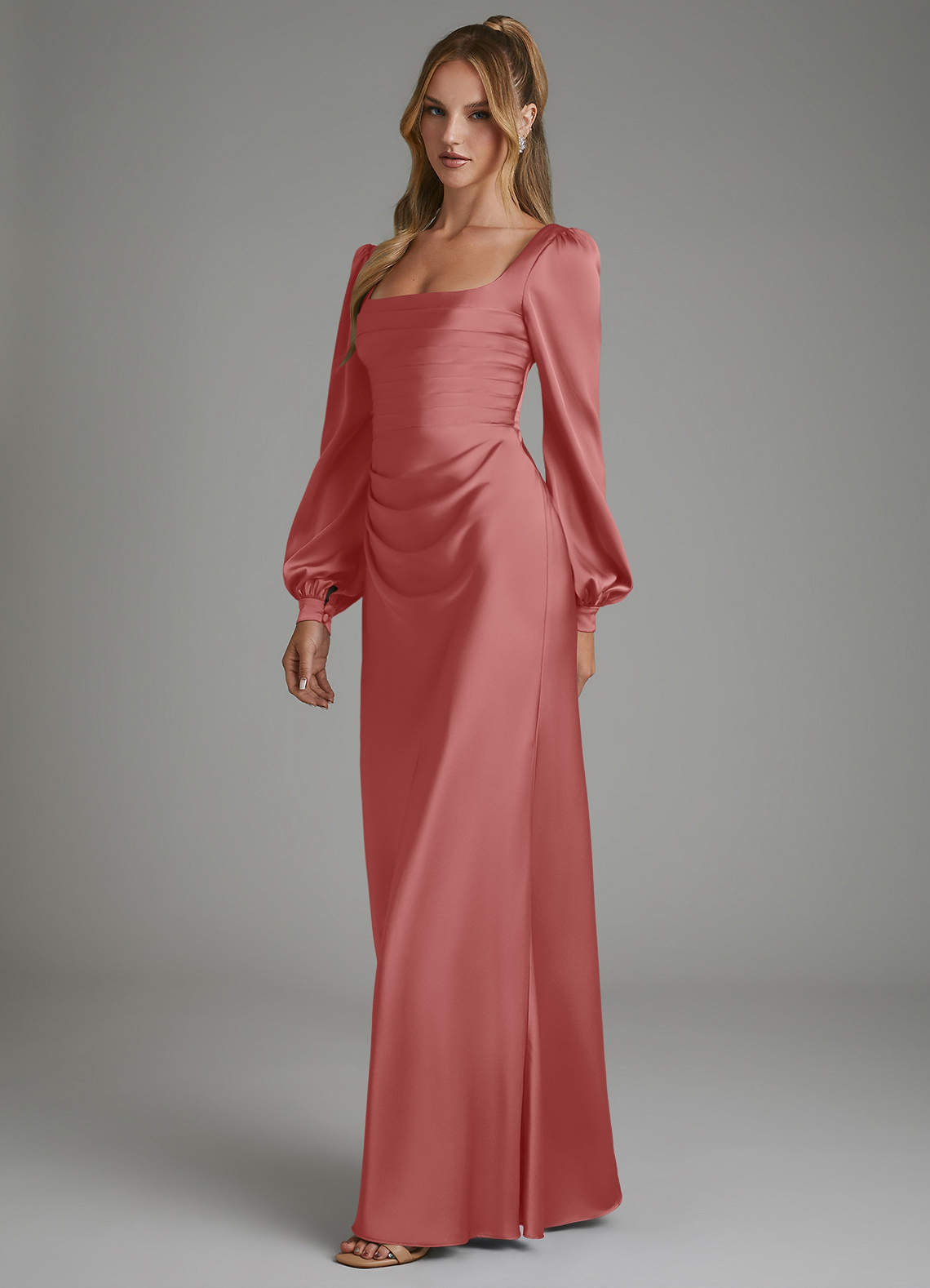 azazie vintage rose bridesmaid dress Mermaid Square Neck Long Sleeve Floor-Length Stretch Satin Dresses Select Jacket and Vest Size:EU46/US36