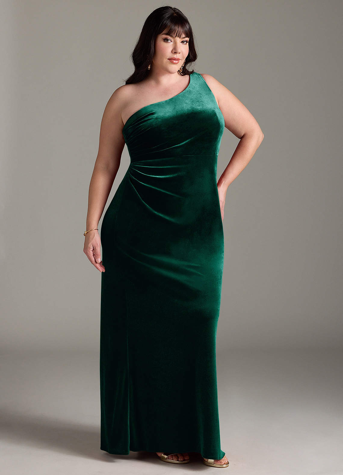 Azazie Argan Bridesmaid Dresses Emerald A-Line One Shoulder Pleated Velvet Dress image9