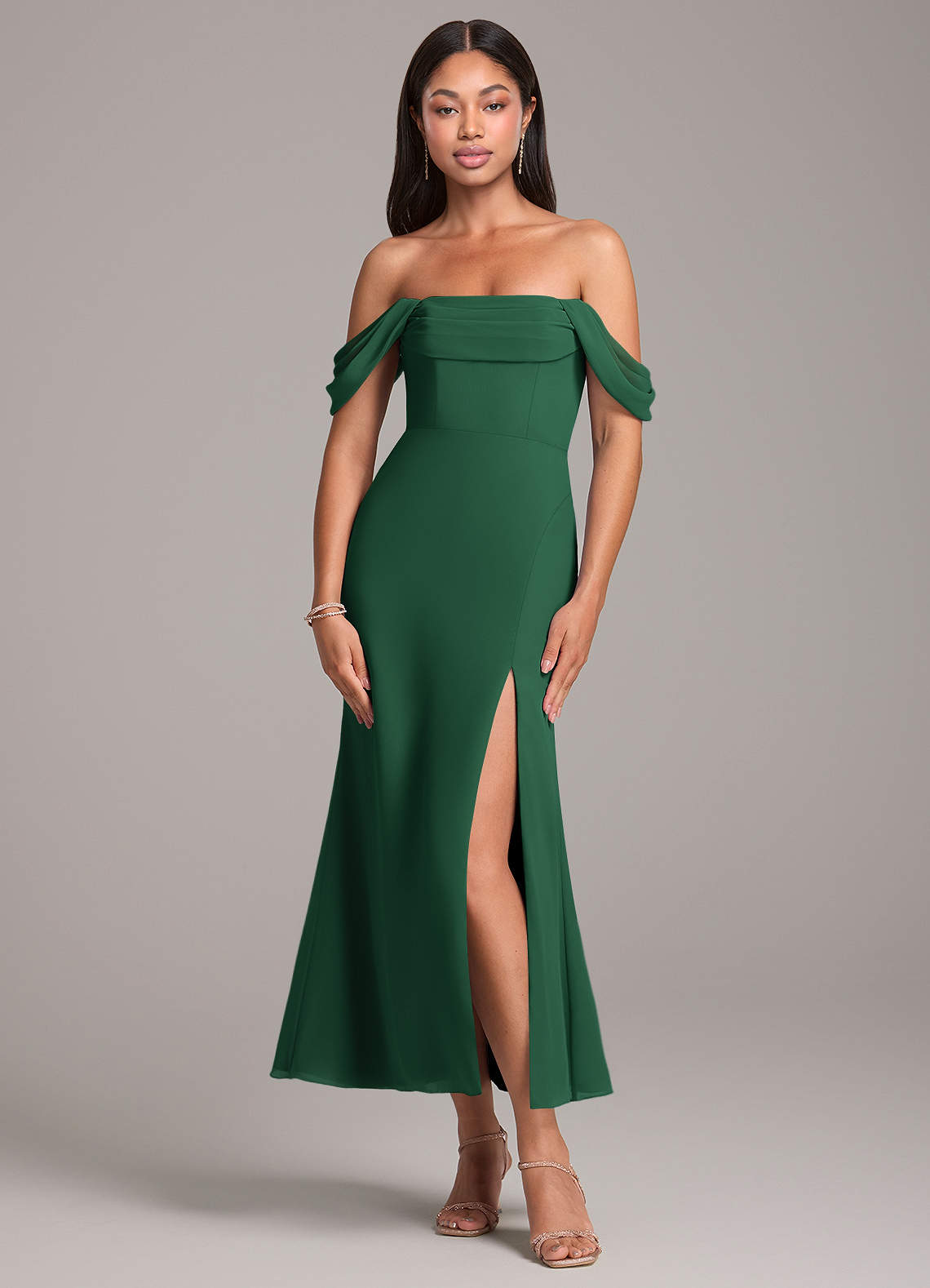 Azazie Saige Bridesmaid Dresses Dark Green Sheath Off the Shoulder Chiffon Convertible Dress image1