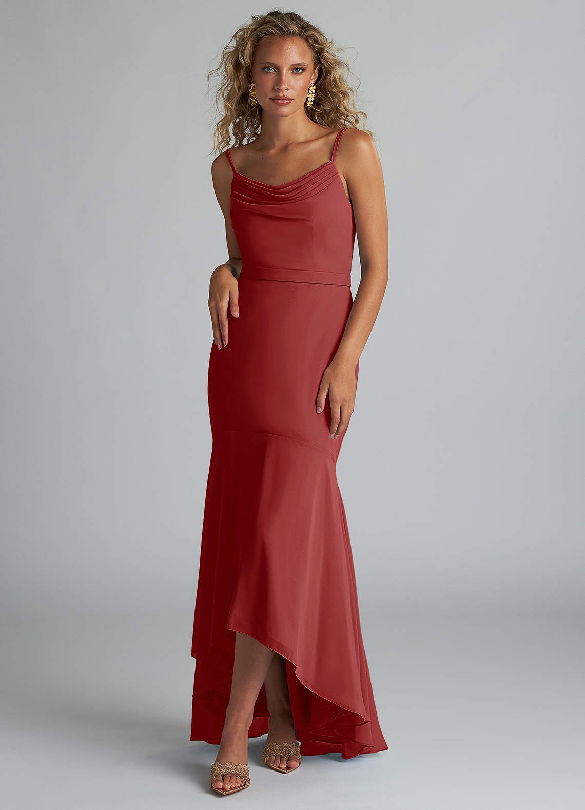 Azazie Summer Bridesmaid Dresses Rust Mermaid Scoop Cowl Chiffon Dress image1