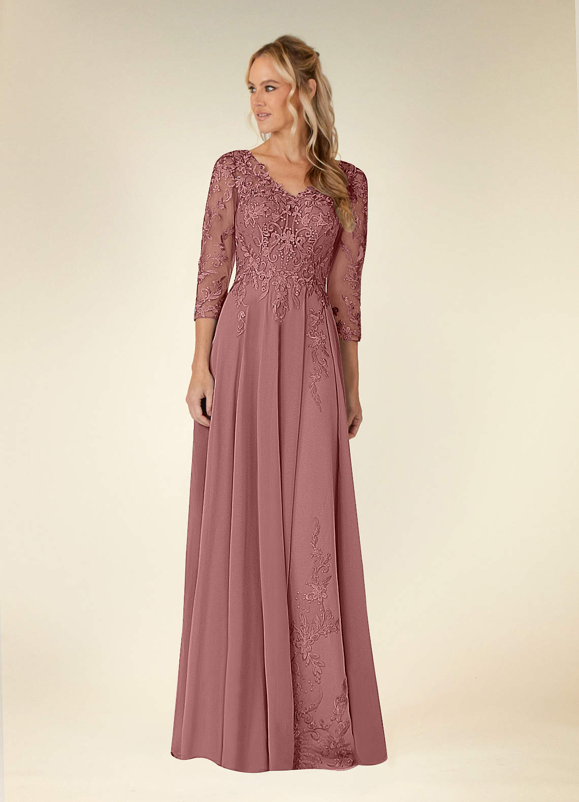 Azazie Noella vestidos de madre de la novia Vestido de Rosa Del Desierto de Gasa de Corte en A con Encaje cuello pico image1
