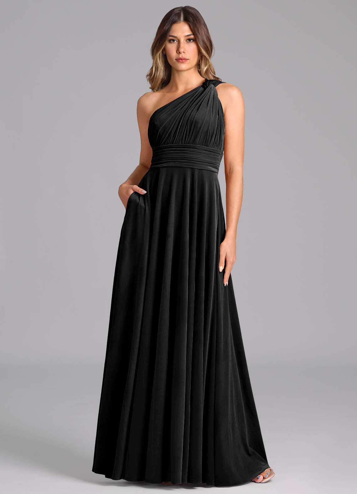 Azazie Charlize At-home Try On Dresses Black A-Line One Shoulder Velvet Dress image1