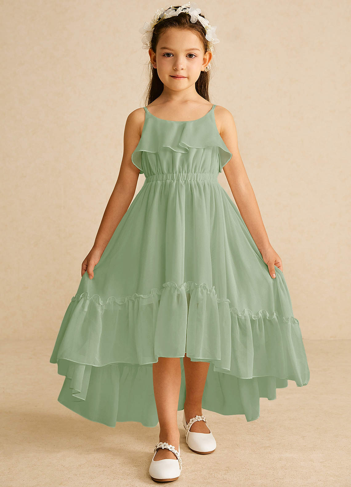Azazie Karmen Flower Girl Dresses Dusty Sage A-Line Ruched Chiffon Dress image1