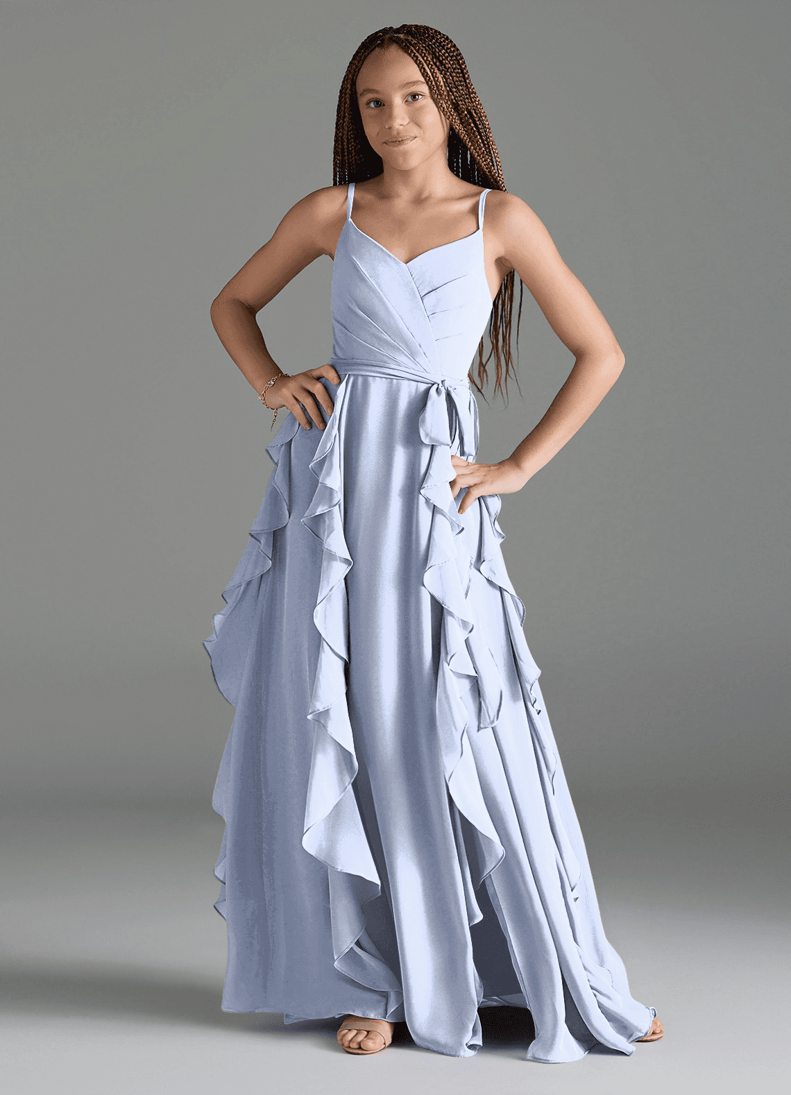 Azazie Peyton Junior Ice A-Line V-Neck Cascading Ruffles Chiffon Dress image1