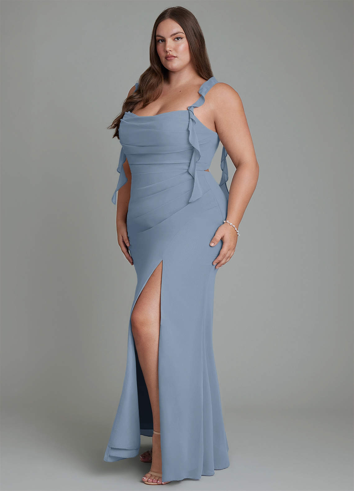Azazie Jessamine Bridesmaid Dresses Dusty Blue Mermaid Corset Chiffon Dress image11