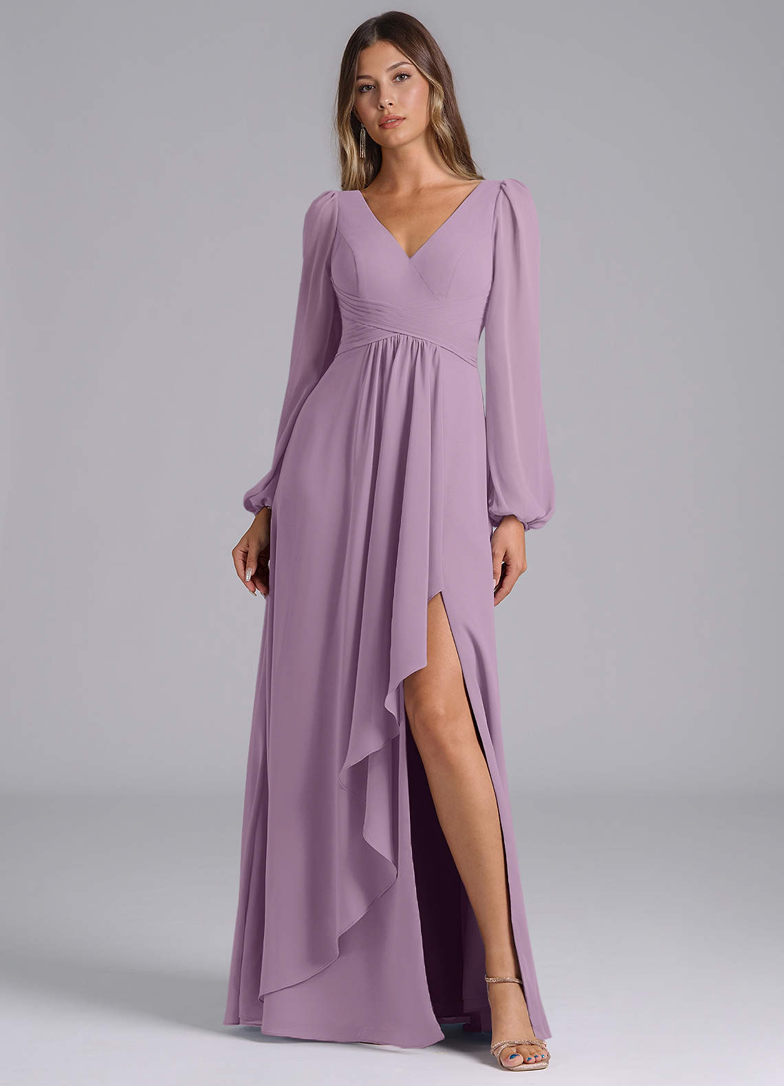 Azazie A-Line V-Neck Long Sleeve Floor-Length Chiffon Bridesmaid Dresses - Wisteria