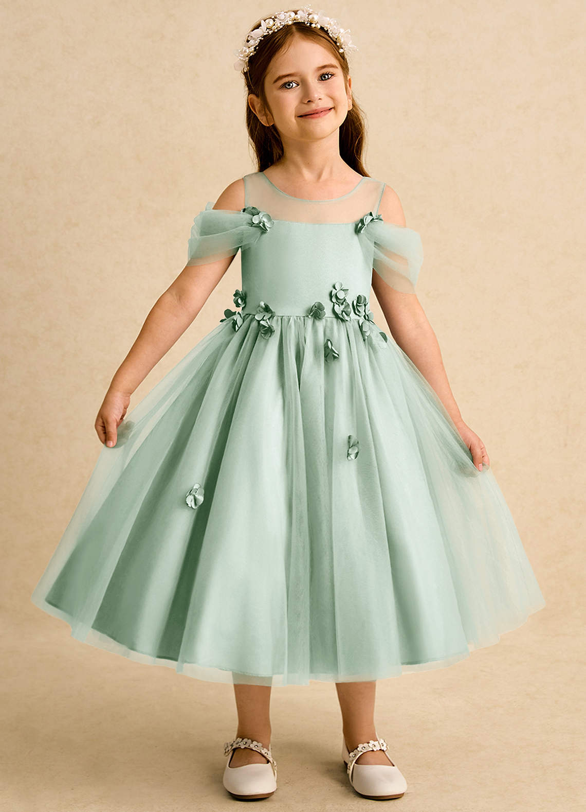 Azazie Juni Flower Girl Dresses Agave Ball-Gown Pleated Tulle Dress image1