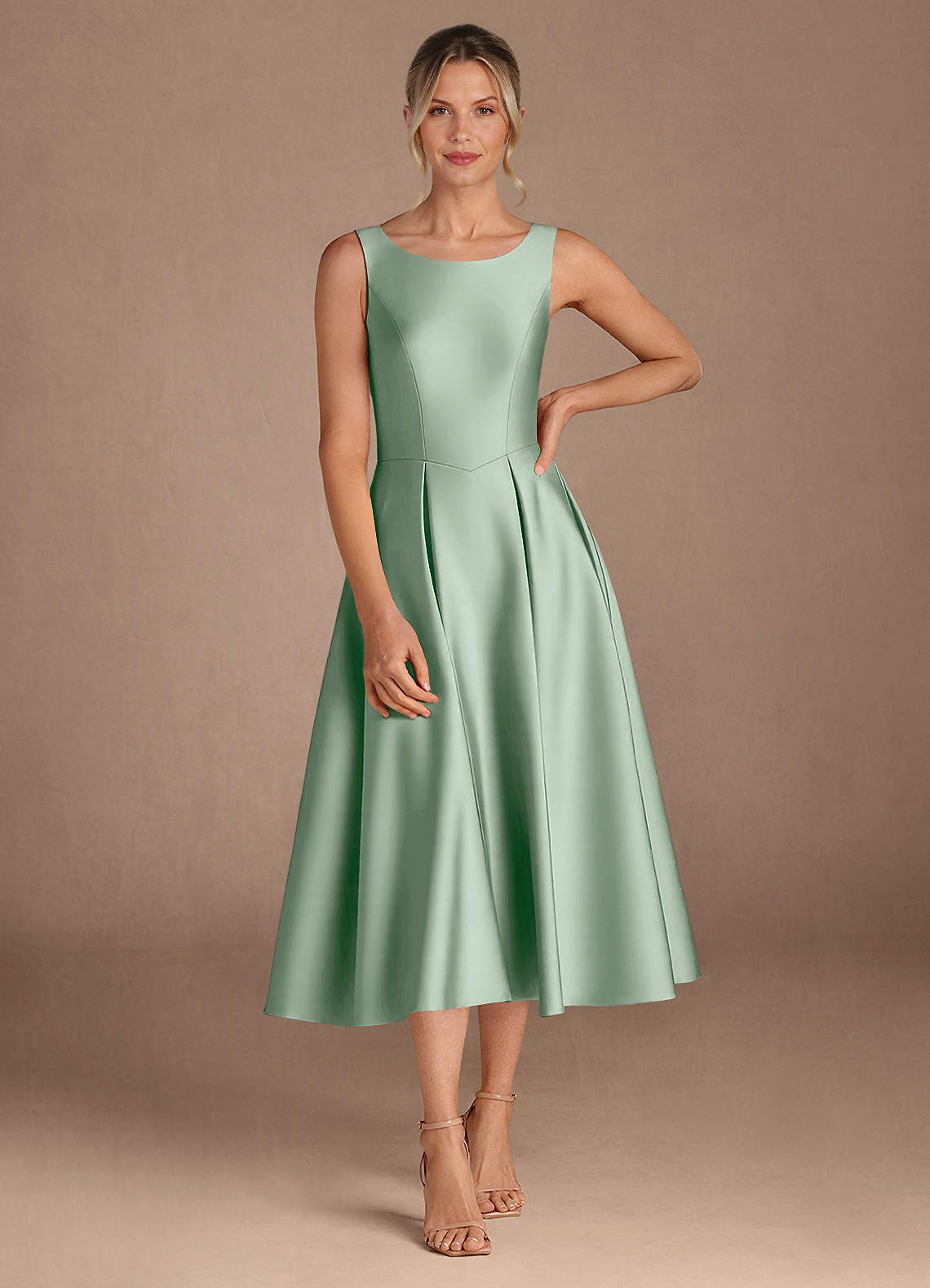 Azazie Fulton Mother of the Bride Dresses Agave A-Line Pleated Stretch Satin Dress image3