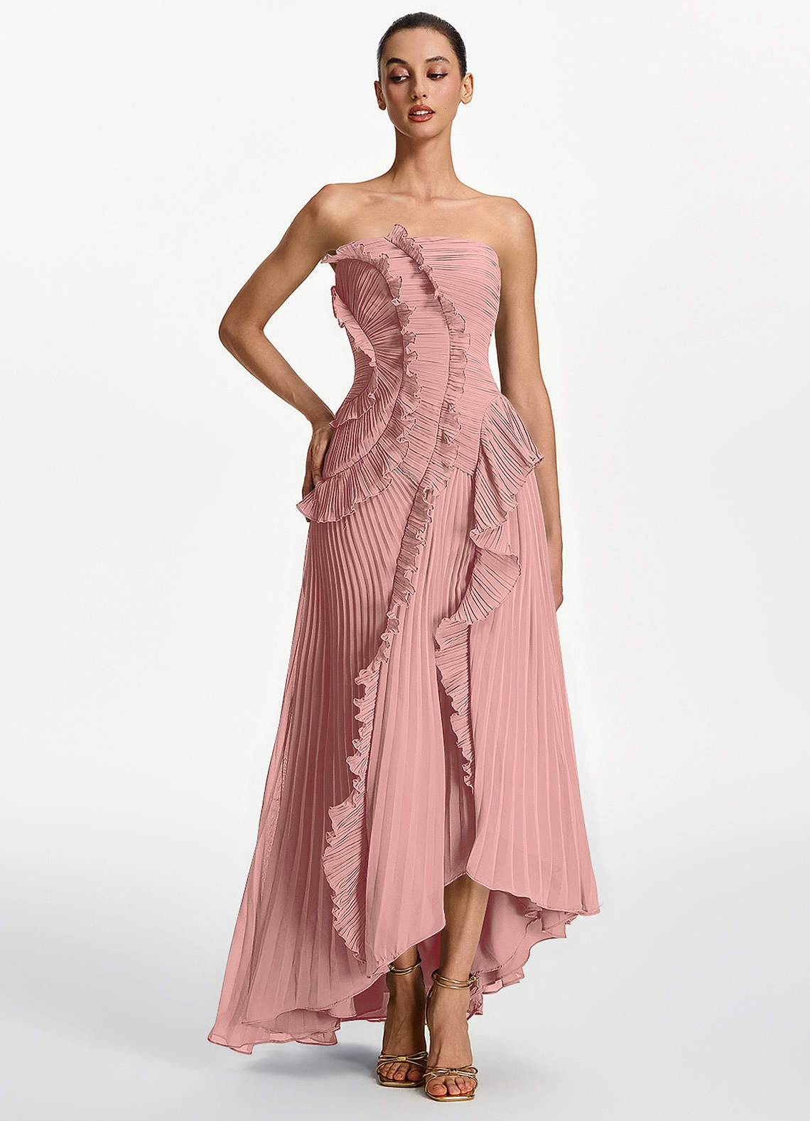 Azazie Light Pink A-Line Ankle-Length Quinceañera Damas Dresses Ruffles Corset Pleated Chiffon Straight