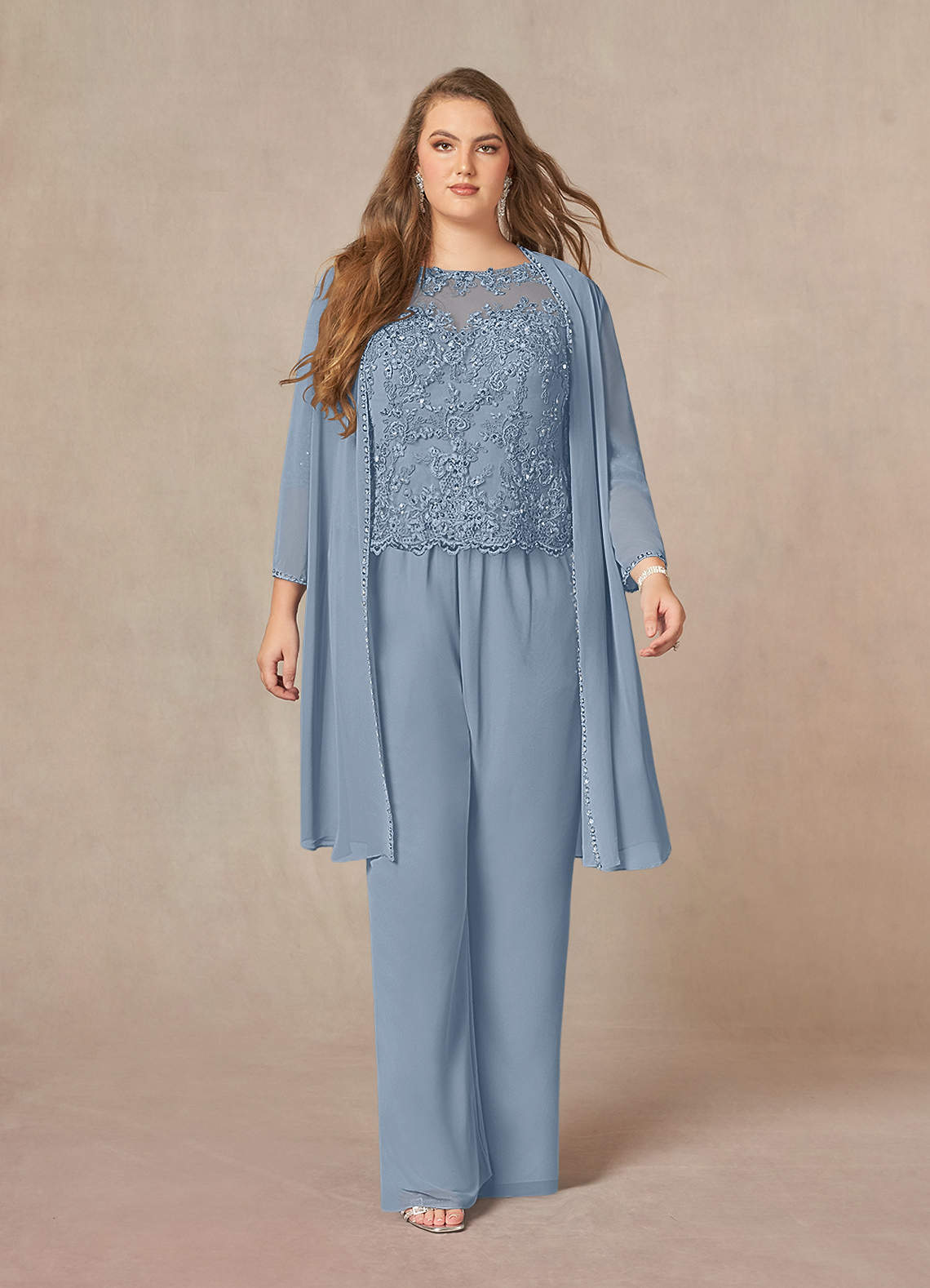 Azazie Florida Abiti per la Madre della Sposa Abito Tuta Pantaloni in Chiffon Lustrini Blu Polveroso image13