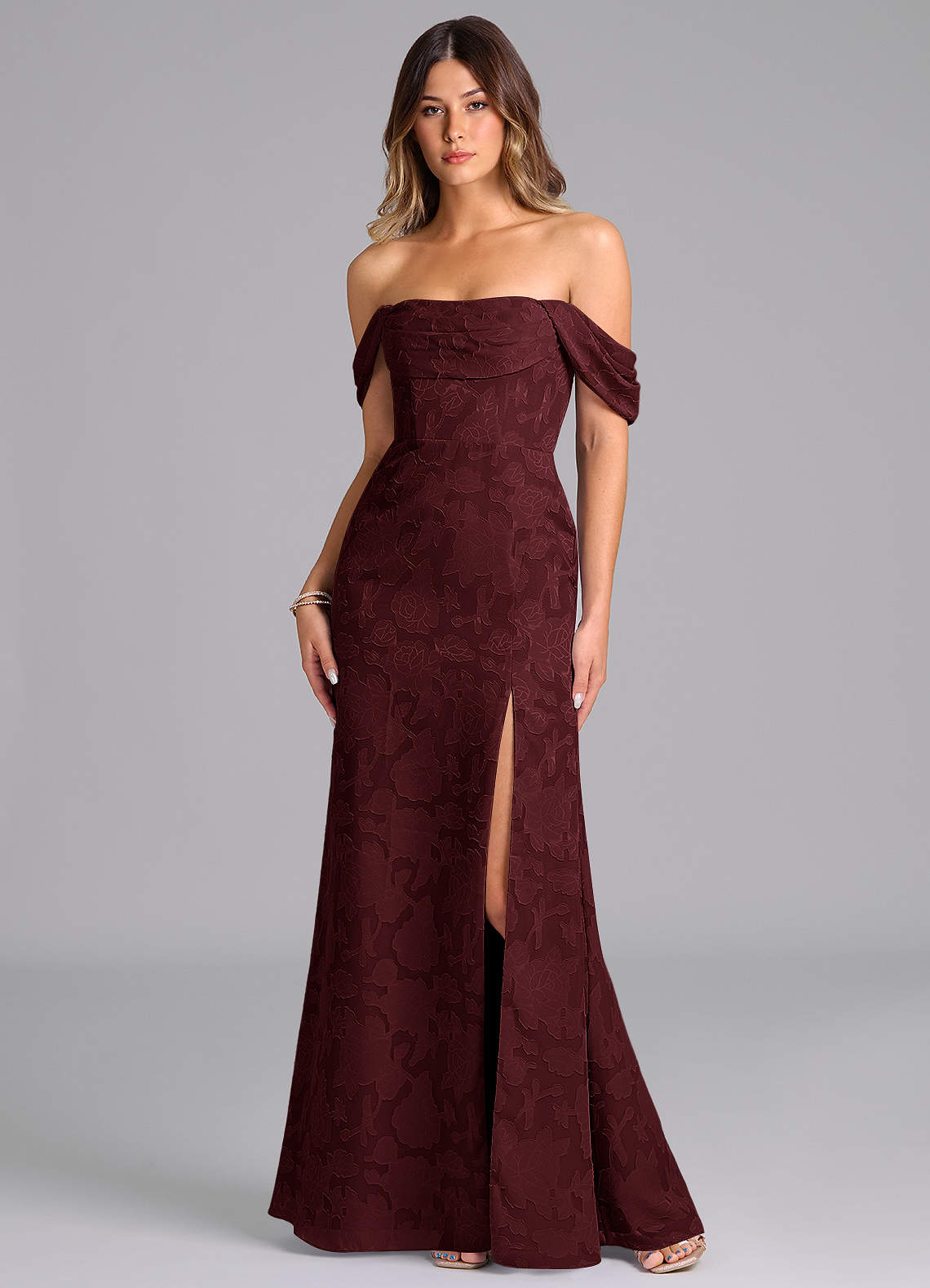 Azazie Saige Bridesmaid Dresses Cabernet A-Line Off the Shoulder Floral Burnout Convertible Dress image1