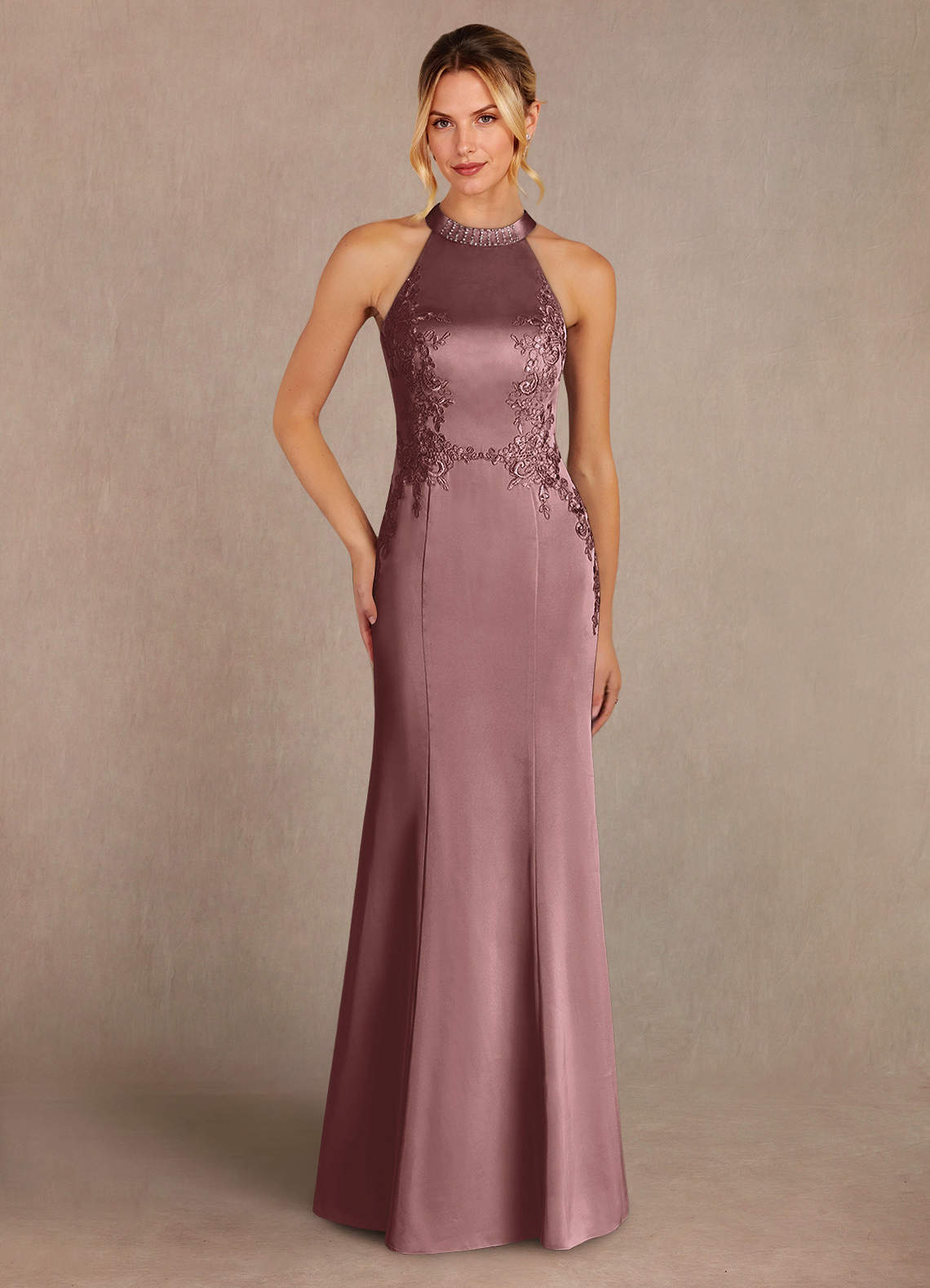 Azazie Tyra Mother of the Bride Dresses Vintage Mauve Mermaid Lace Stretch Satin Dress image1