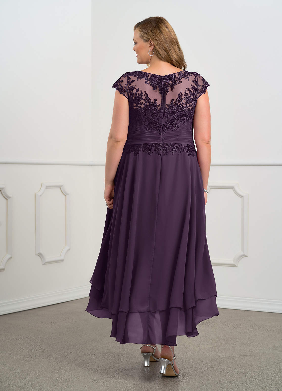 Plum Azazie Shonda Boatneck Pleated Lace Chiffon Asymmetrical Dress ...