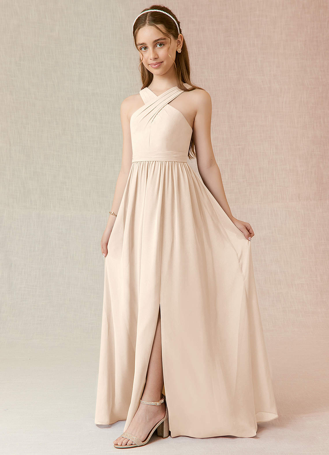 Azazie Jiya Junior Abito A-Line in Chiffon Plissettato Alabastro Bianco image1