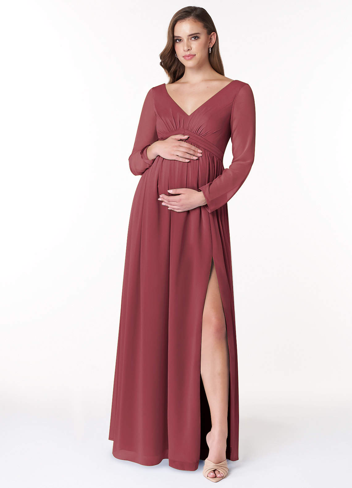 Azazie Teton Brautjungfernkleider für Schwangere A-Linie Langarm Chiffon Bodenlänge Kleid image1