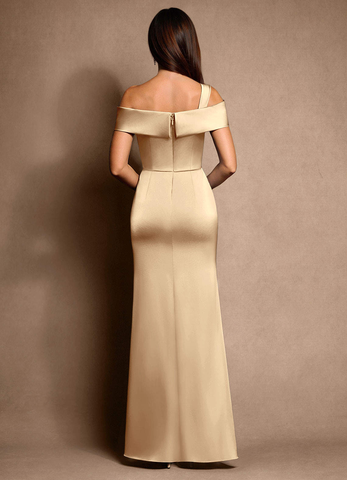 Azazie Altonia Mother of the Bride Dresses Champagne Mermaid Off the Shoulder Stretch Satin Dress image2