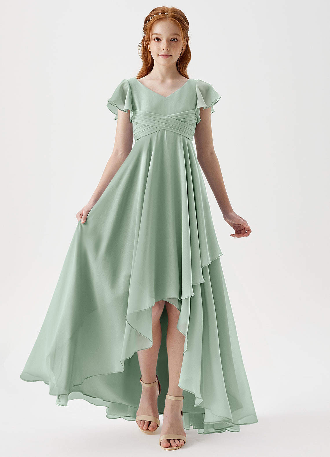 Azazie Caria Junior Agave A-Line Pleated Chiffon Dress image5