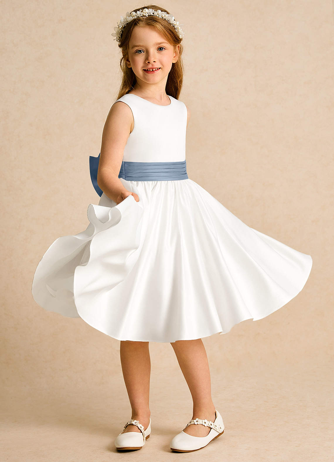 Azazie Sosie Flower Girl Dresses Ivory Dusty Blue A-Line Pleated Matte Satin Dress image4