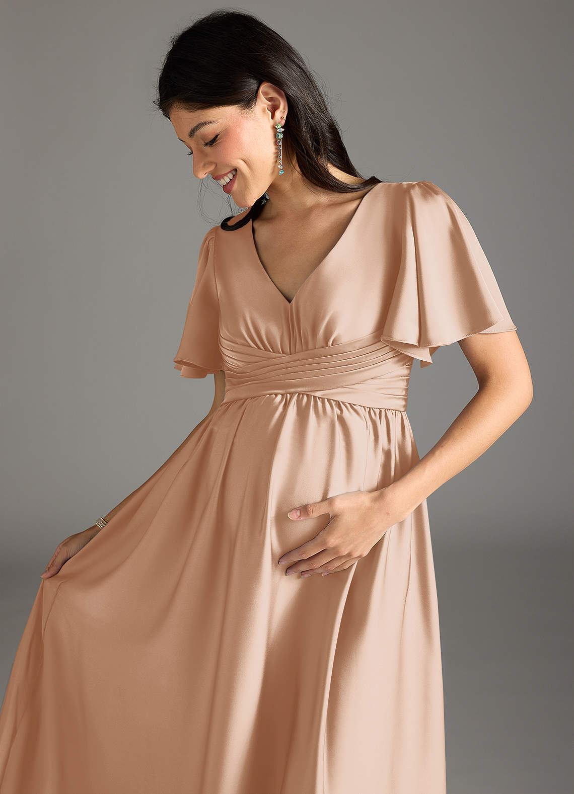 Azazie Verna Maternity Bridesmaid Dresses A-Line Ruched Stretch Satin Floor-Length Dress image1