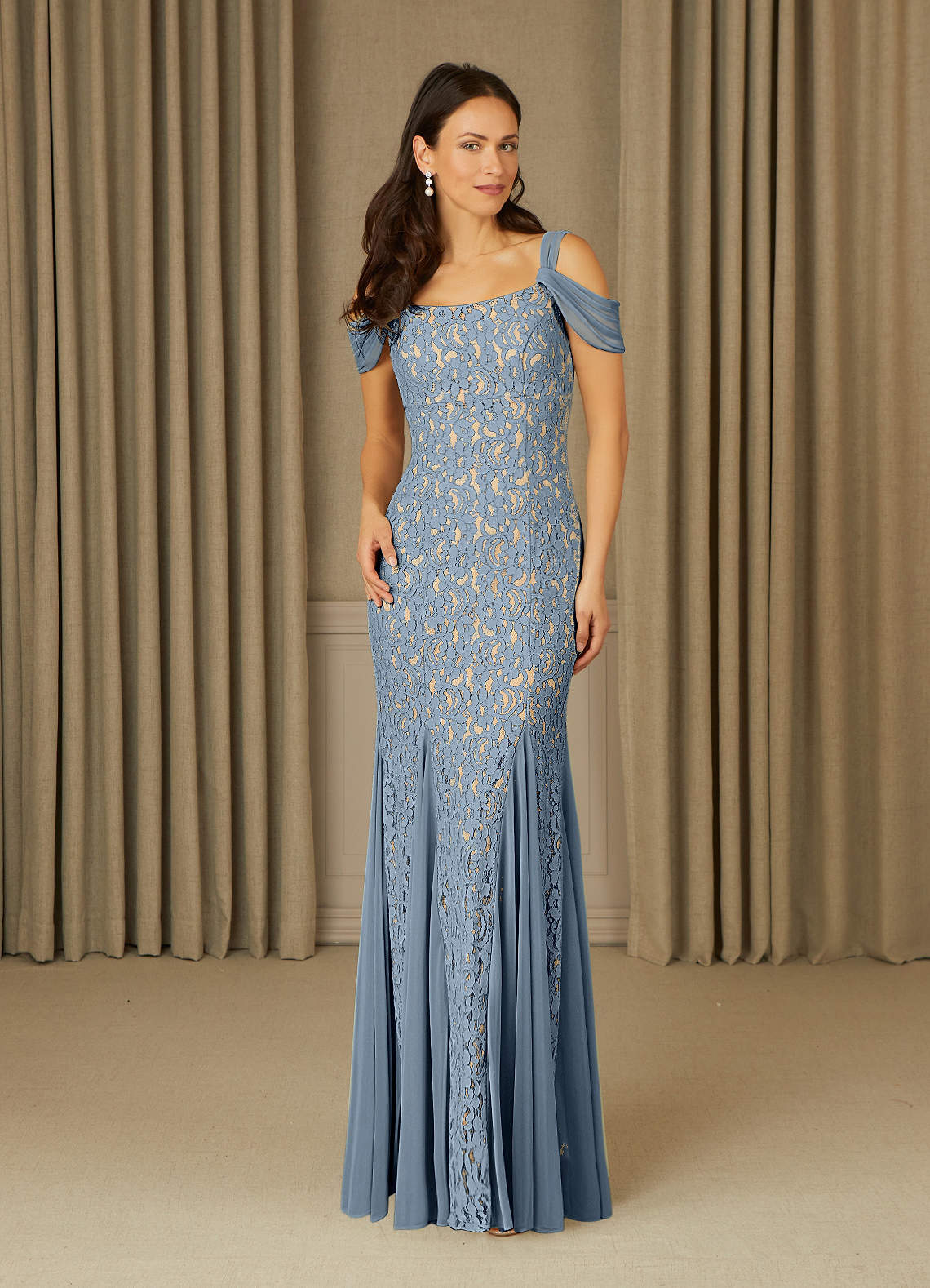 Azazie Claribel Mother of the Bride Dresses Dusty Blue Mermaid Off the Shoulder Lace Dress image1