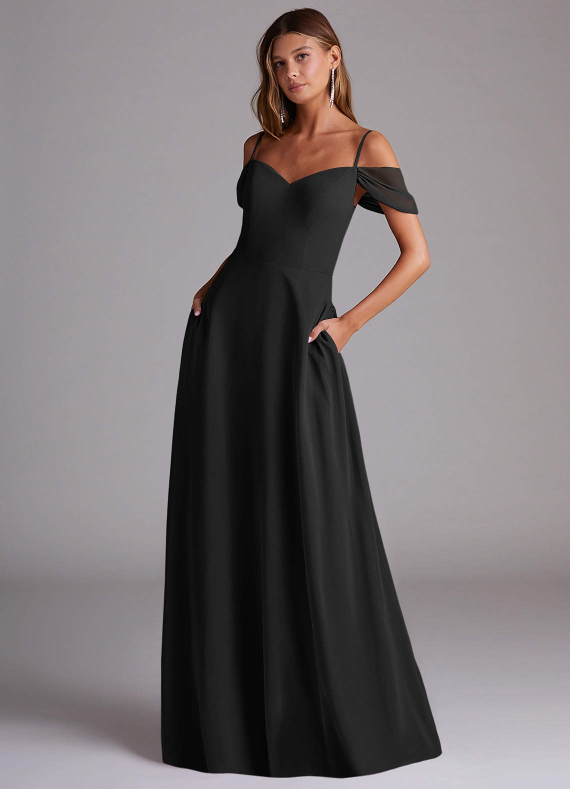 Azazie Marley Bridesmaid Dresses Black A-Line Off the Shoulder Chiffon Convertible Dress image1