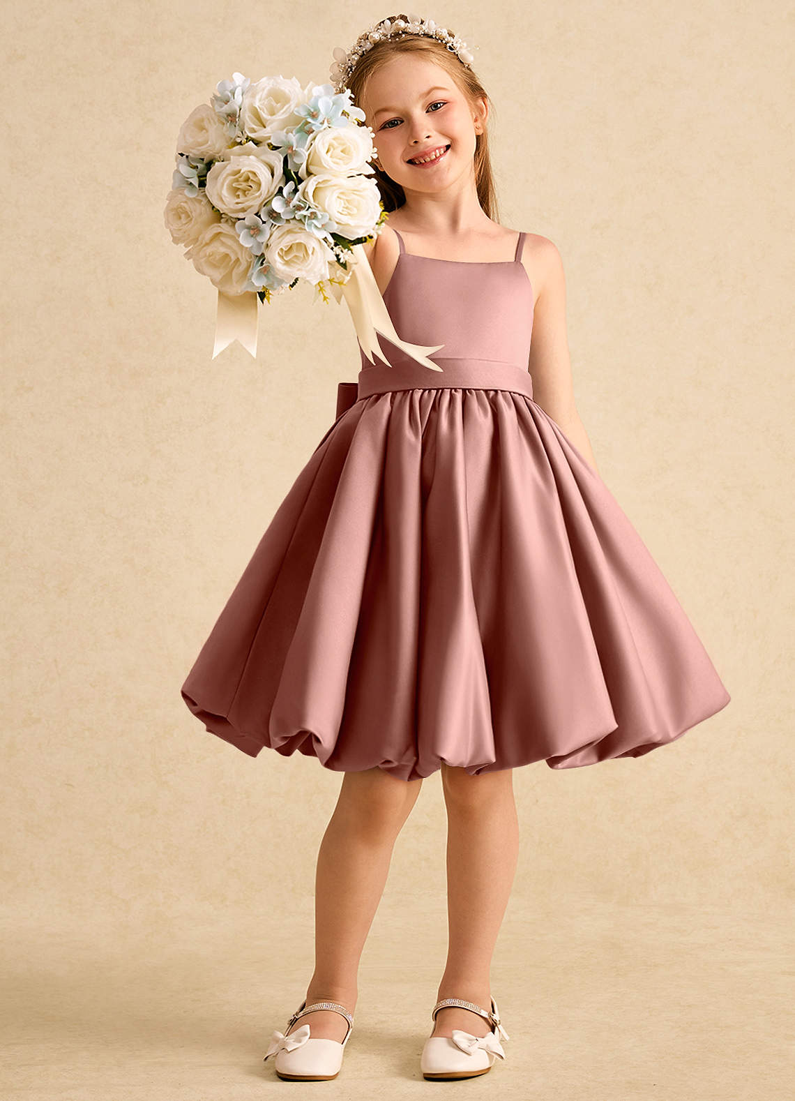 Azazie Davine vestidos de niña de las flores Vestido de Rosa De Cedro de Satin Mate de Corte En A con Tirante Espagueti image6
