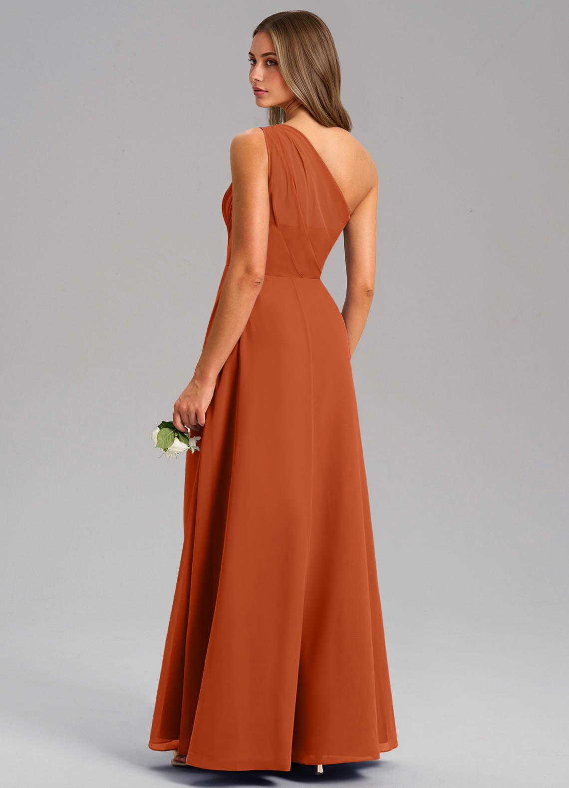 Azazie Phaedra Vestidos de madrinha de casamento Vestido Laranja Queimada de Chiffon de Linha A com Um ombro image6