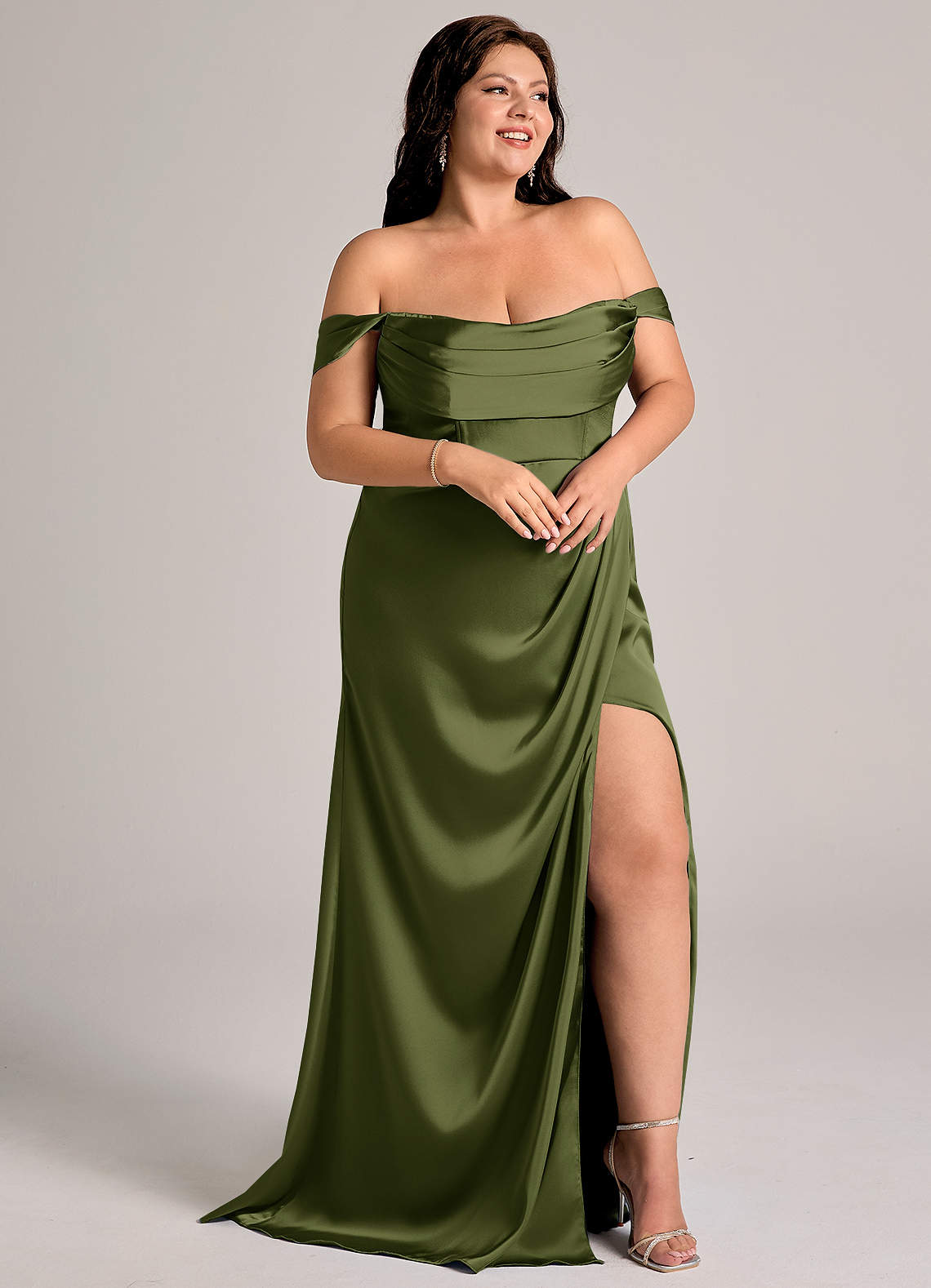 Azazie Johana Bridesmaid Dresses Olive Mermaid Off the Shoulder Stretch Satin Convertible Dress image10