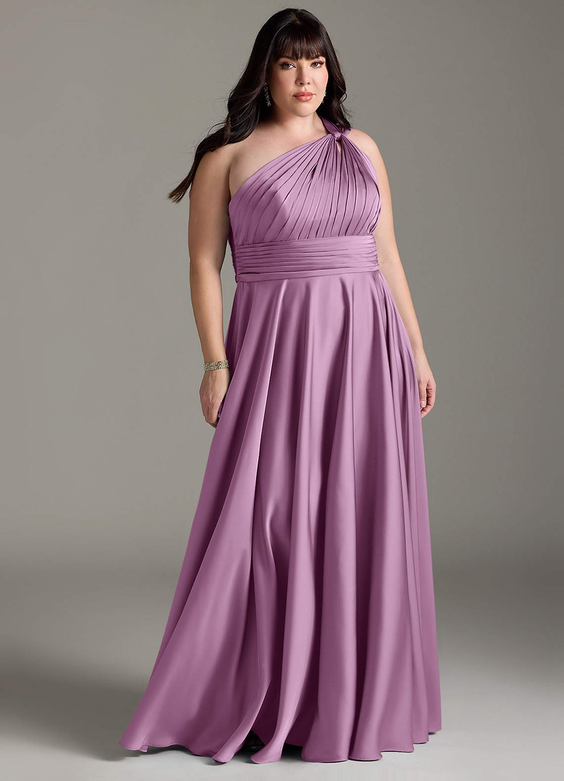 Azazie Charlize Bridesmaid Dresses Wisteria A-Line One Shoulder Stretch Satin Dress image1
