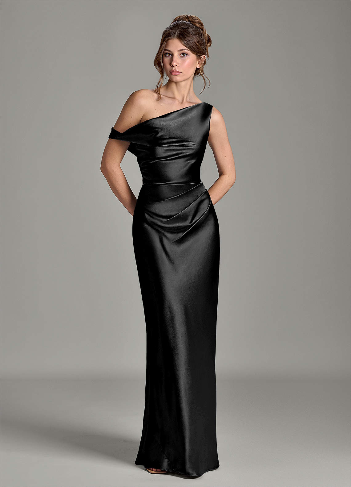 Azazie Emerson At-home Try On Dresses Black Mermaid Off the Shoulder Metallic Satin Dress image2